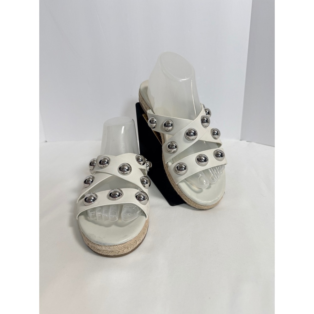 Marc Fisher White Prisca Leather Silver Studded Espadrille Slide Sandals  9M